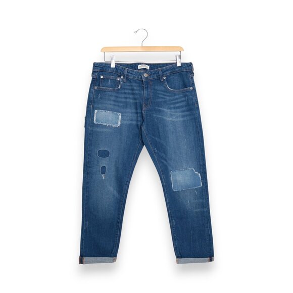 Zara Woman Dark Wash Patch Distressed Cuff Ankle Denim Jeans Size 8 - Picture 1 of 10